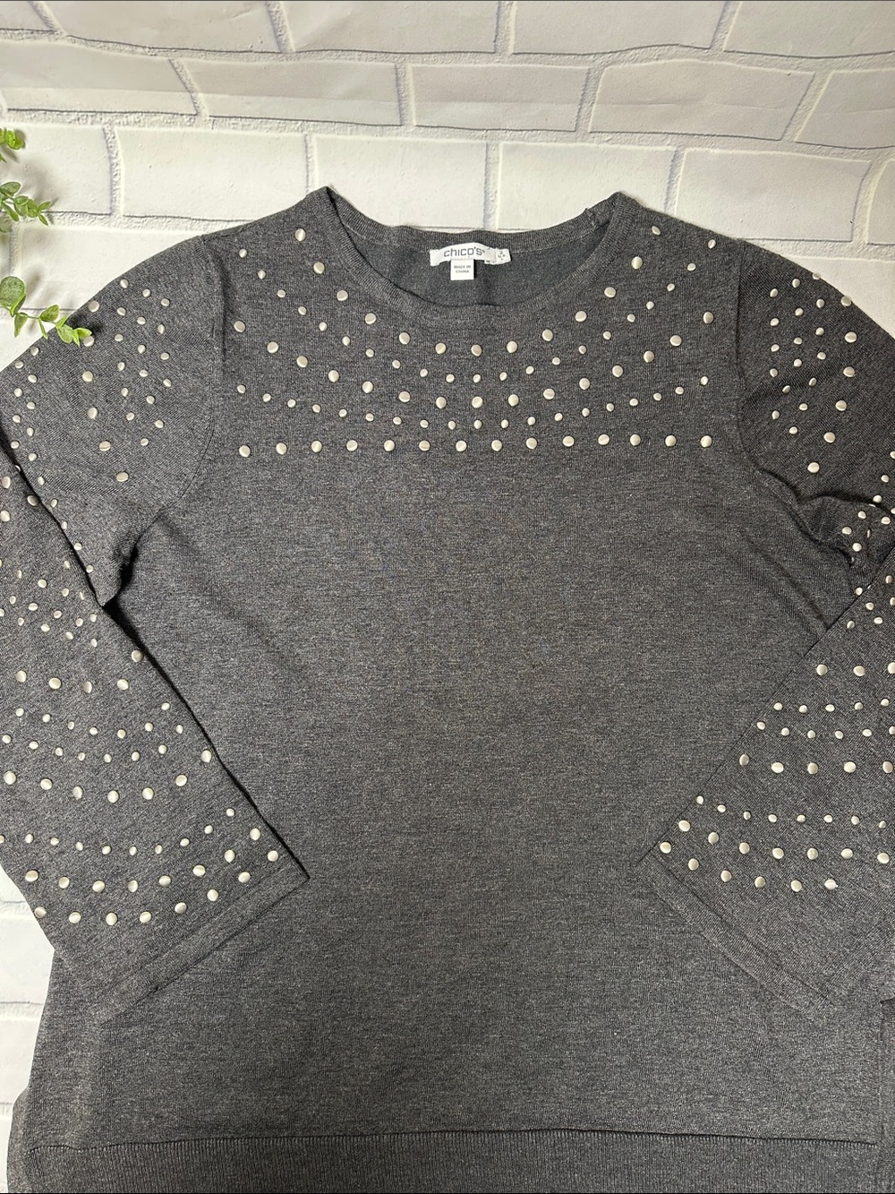 Chico's Dark Gray Crewneck Sweater with Metallic Stud Details Sz L (2)